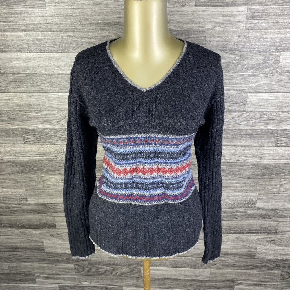 TANGENTS V-Neck Grey Lambswool Knit Pullover Sweater Women's Size Large